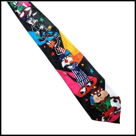 Vintage 1997 Warner Bros. Looney Tunes Mania Taz Daffy Duck Bugs Pattern Tie - Picture 1 of 9